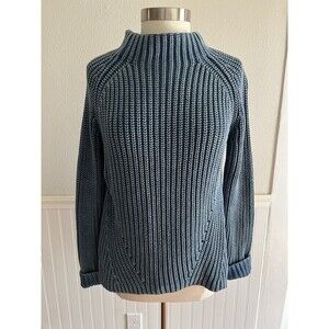 Sara Campbell Chunky Ribbed Knit Sweater 100% Cotton Mock Neck Two Tone Blue S